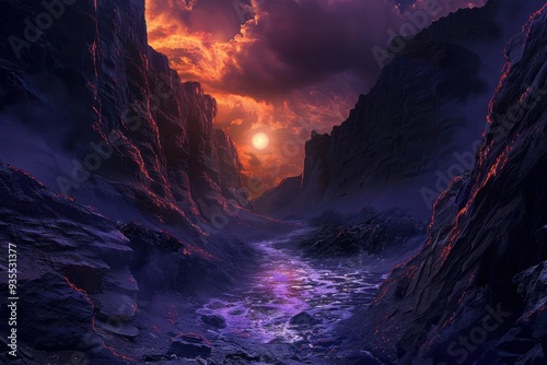 A Serene River Flowing Through a Crimson-Lit Canyon