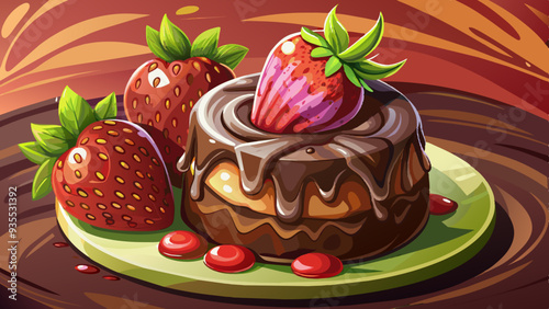 Molten chocolate fondant cake with strawberries, perfect for gourmet dining and luxury dessert presentations, restaurant menus, and culinary promotional materials focusing on dessert offerings