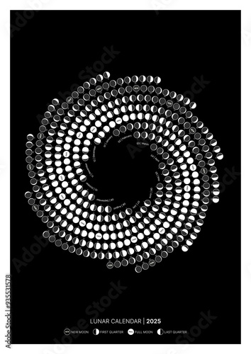 Spiral Lunar Cycle Calendar, 2025. Astronomy round dairy. Banner of the monthly cycle of the Moon. Vector illustration. The Lunar round calendar. Print ready poster With black background.