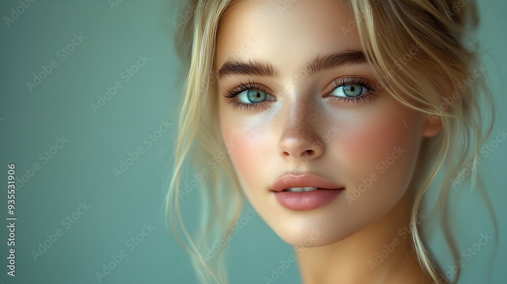 Naklejka premium Portrait of a young blonde woman with natural makeup and natural styling Advertising of natural cosmetics Beauty salon advertisement Care cosmetics face and body skin care : Generative AI