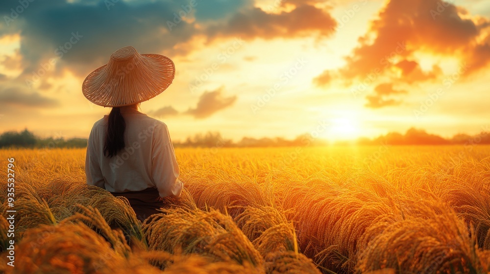 Fototapeta premium A person gazing at a sunset over a golden rice field.