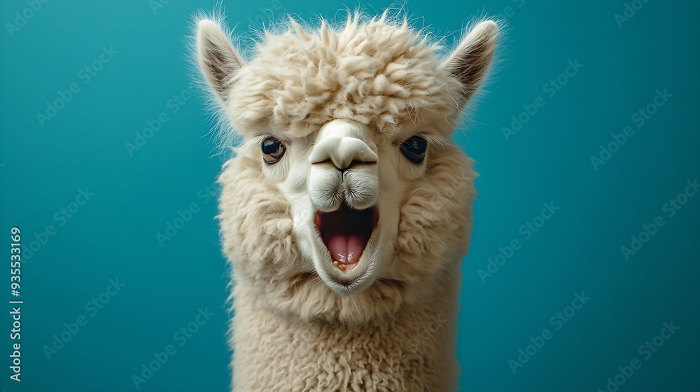 Funny angrylooking alpaca on blue background : Generative AI Funny angrylooking alpaca on blue background : Generative AI