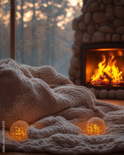 A cozy autumn evening by the fire, with warm lighting and soft blankets, embodying comfort and relaxation copy space, comfort, ethereal, Composite, fireplace backdrop photo