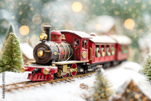 Toy Christmas train on a background of snow and bokeh. New Year and Christmas concept. photo