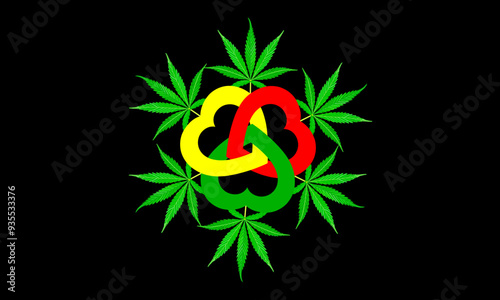 Herbal medicine herb plant. Green cannabis leaf. Vector illustration of marijuana on a green, yellow, red background.