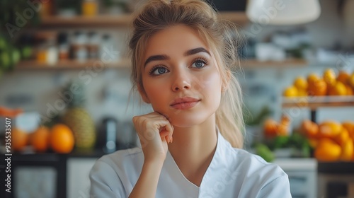 Shot of beautiful smart nutritionist woman thinking while looking forwards in the nutritionist consultation : Generative AI