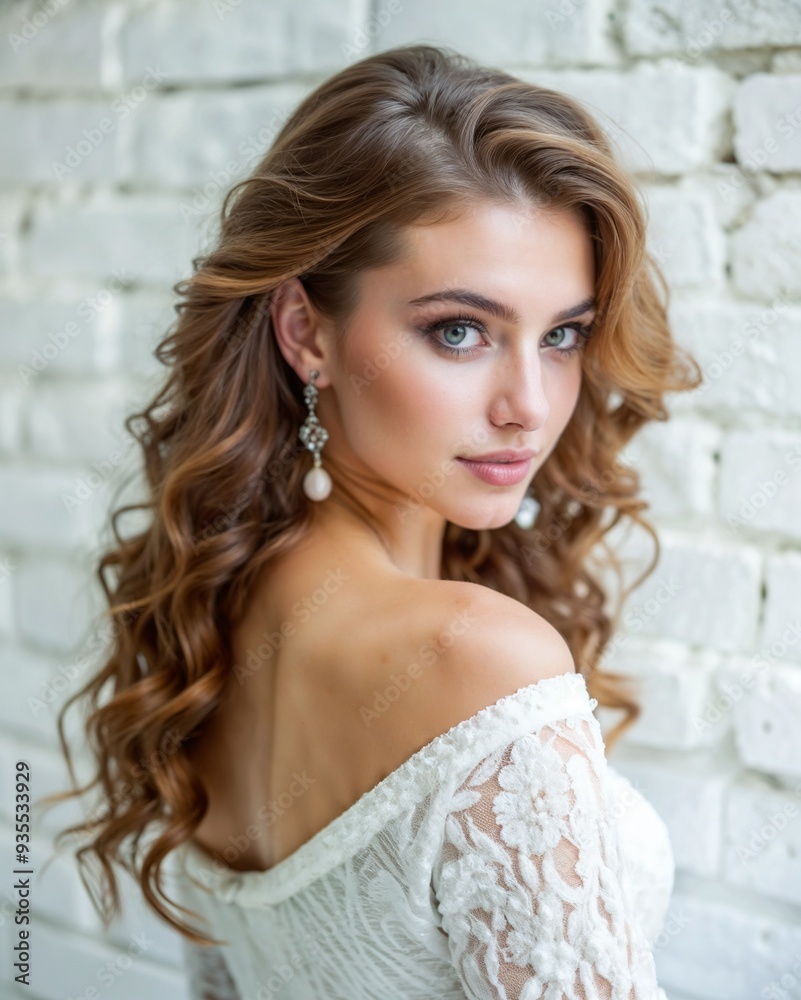 Beautiful young woman looking back with elegant hairstyle against white brick wall Beautiful young woman looking back with elegant hairstyle against white brick wall