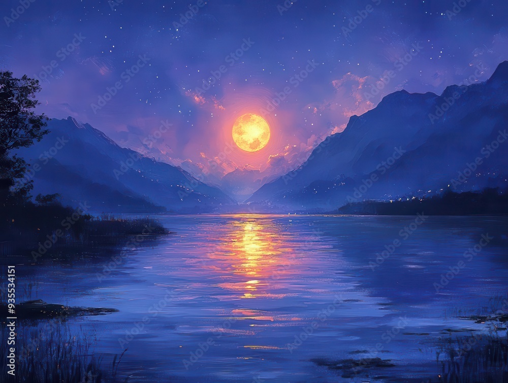 ethereal nightscape glowing moon reflected in serene river silhouetted mountains starry sky dreamlike digital painting with rich blues and soft purples ethereal nightscape glowing moon reflected in serene river silhouetted mountains starry sky dreamlike digital painting with rich blues and soft purples