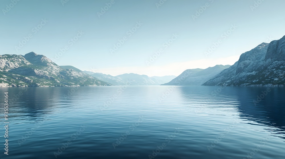 51. Detailed 3D render of a calm bay with crystal-clear waters and distant mountains, isolated on a smooth backdrop 51. Detailed 3D render of a calm bay with crystal-clear waters and distant mountains, isolated on a smooth backdrop