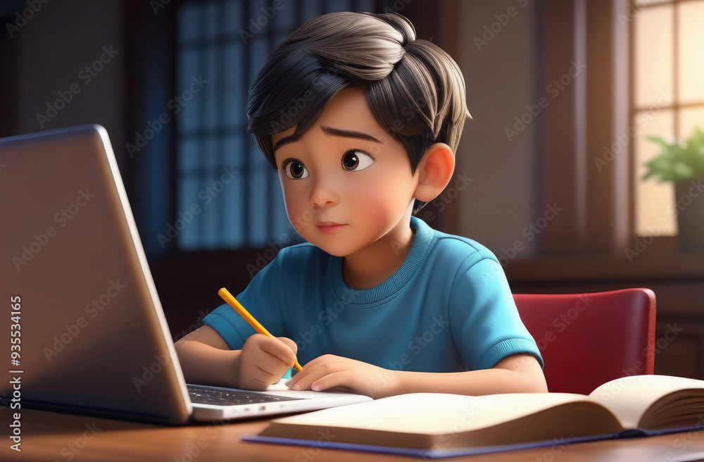 Illustration of Asian pupil boy doing homework on laptop. online learning, remote education Illustration of Asian pupil boy doing homework on laptop. online learning, remote education