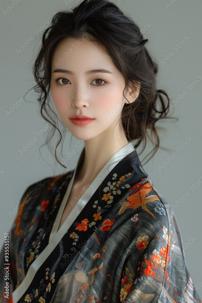 Korean woman in a luxurious silk robe, captured in a full-length studio photo with natural lighting to enhance the sheen of the robe and her graceful pose, highlighting her beauty and elegance Korean woman in a luxurious silk robe, captured in a full-length studio photo with natural lighting to enhance the sheen of the robe and her graceful pose, highlighting her beauty and elegance