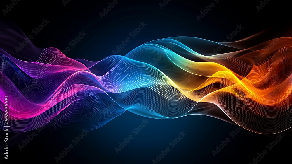 Digital waves made of particles, flowing smoothly in a gradient of cool to warm colors, copy space for text, Digital waves made of particles, flowing smoothly in a gradient of cool to warm colors, copy space for text,