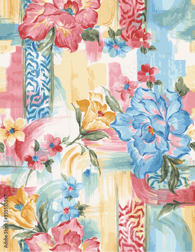 seamless pattern with peony flowers isolated on abstract backgrounds. brushstrokes of multicolor paint.