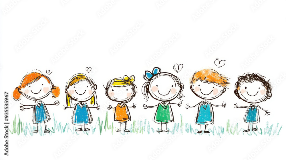 A playful, colorful doodle illustration of six happy children standing in a row, holding hands with joyful expressions on their faces. A playful, colorful doodle illustration of six happy children standing in a row, holding hands with joyful expressions on their faces.
