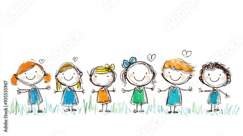 A playful, colorful doodle illustration of six happy children standing in a row, holding hands with joyful expressions on their faces.
