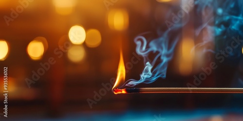 A burning incense stick with fragrant smoke curling upwards in a temple.