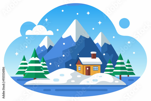 Cozy Cabin in Snowy Mountains with Evergreen Trees