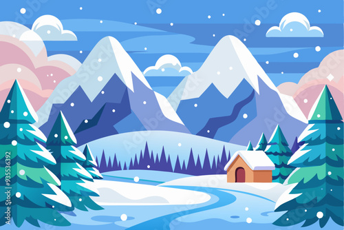 Snowy Mountain Landscape with Cabin and Pine Trees