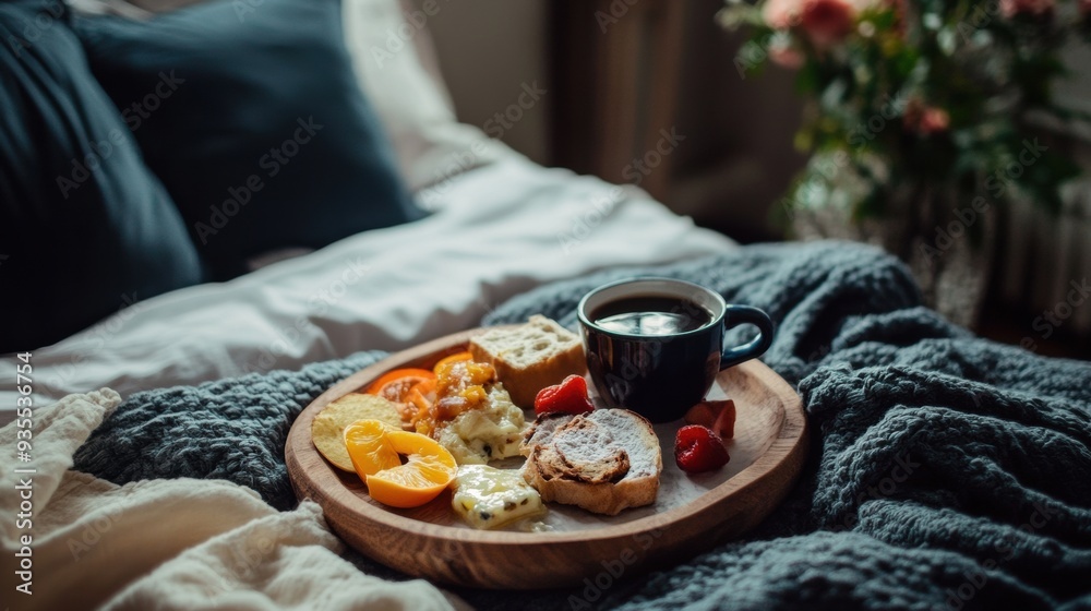 A plate of a breakfast tray with fruit and coffee on it, AI A plate of a breakfast tray with fruit and coffee on it, AI