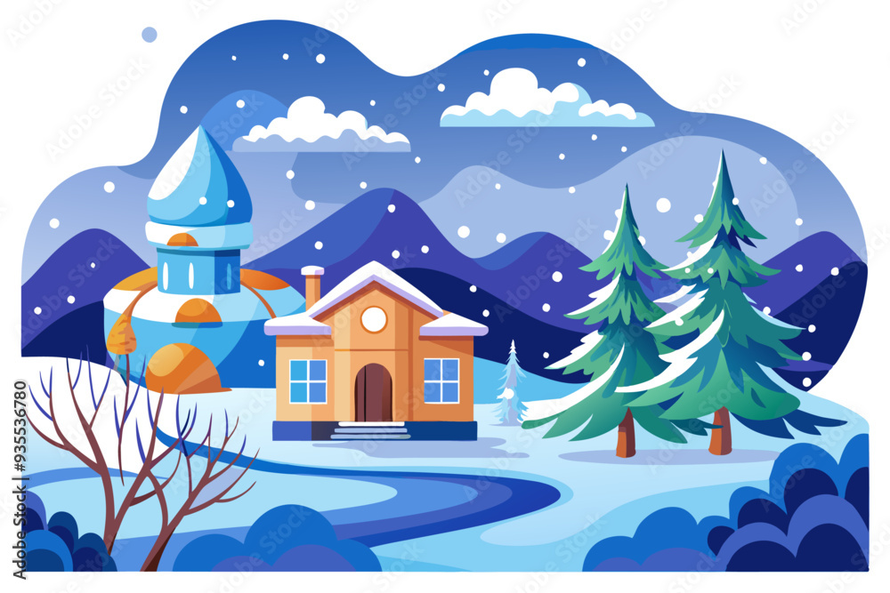 Naklejka premium Winter Scene with a House, Trees, and Snowy Mountains