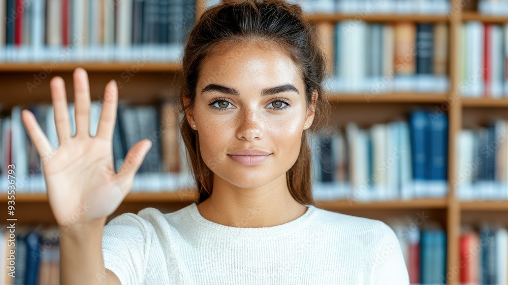 A young woman smiling confidently in a library, raising her hand. Ideal for concepts of education, study, and communication. A young woman smiling confidently in a library, raising her hand. Ideal for concepts of education, study, and communication.