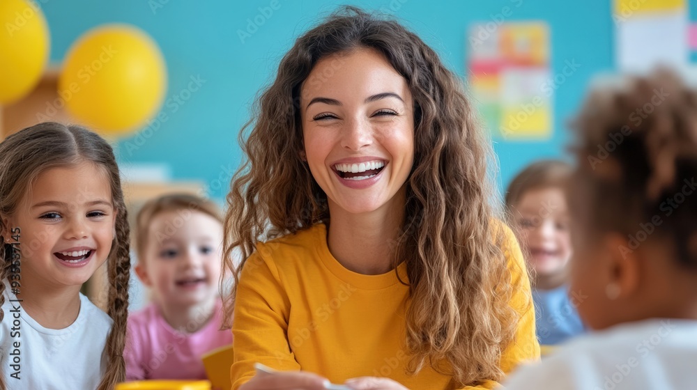 Happy female teacher with young students laughing in a classroom setting, creating a joyful learning environment with bright background. Happy female teacher with young students laughing in a classroom setting, creating a joyful learning environment with bright background.