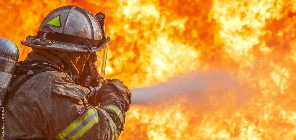 A firefighter spraying foam on a chemical fire, with flames being extinguished. A firefighter spraying foam on a chemical fire, with flames being extinguished.