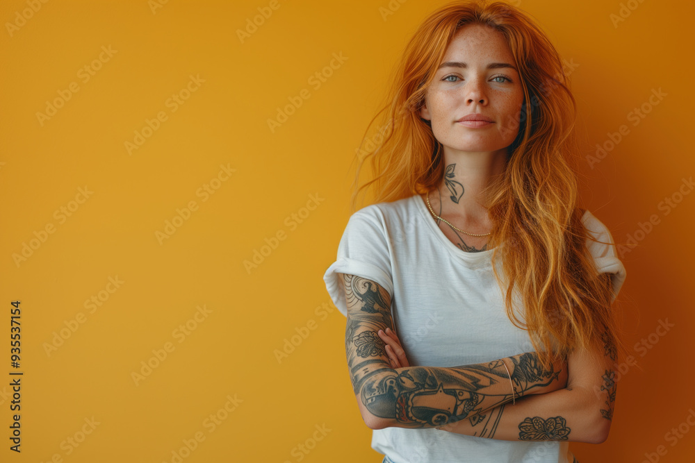 Confident young woman with tattoos standing against orange background