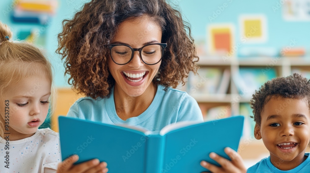 Happy teacher reading a book to cute children in a bright classroom, fostering love for reading and education. Happy teacher reading a book to cute children in a bright classroom, fostering love for reading and education.