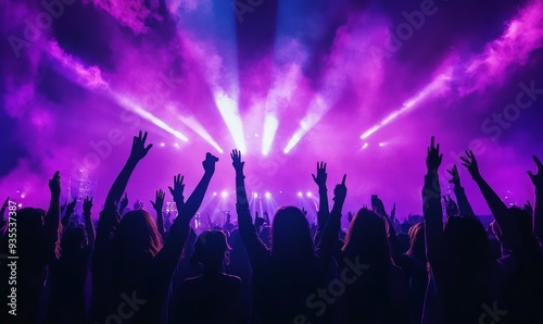 Abstract Nightclub Scene: Vibrant DJ Party with Neon Projector Lights. AI-Generated Crowd of Happy People Enjoying Music and Dance. Modern Nightlife Celebration, Festival Atmosphere for Youth Entertai photo