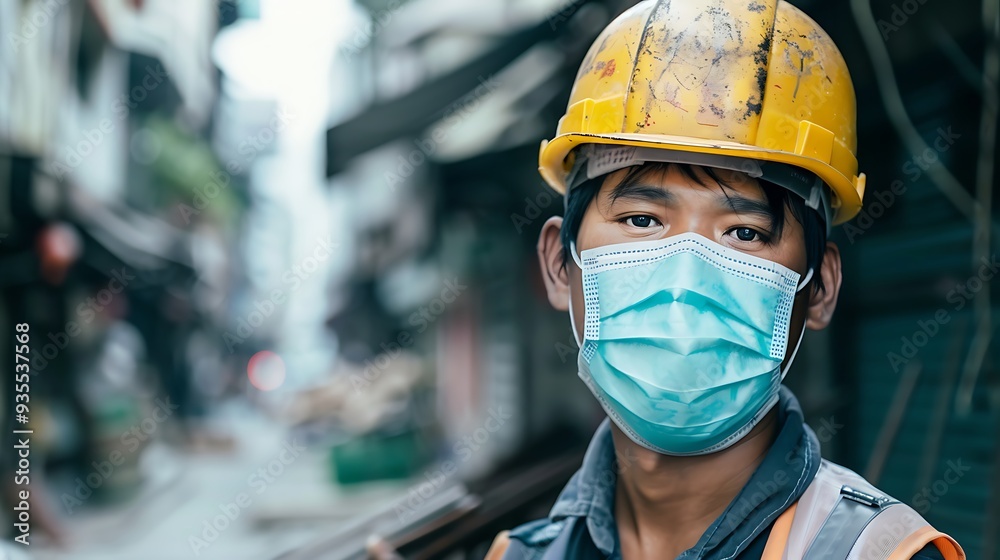 worker in protective mask, Asian construction worker worker in protective mask, Asian construction worker