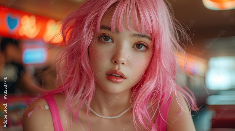 Full-length portrait of a young Japanese model in a pink wig and bright school uniform, singing at a karaoke bar with friends, set against a vibrant and animated background Full-length portrait of a young Japanese model in a pink wig and bright school uniform, singing at a karaoke bar with friends, set against a vibrant and animated background