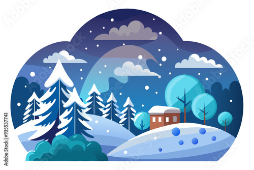 A Snowy Winter Night with a Cozy Cabin and Trees