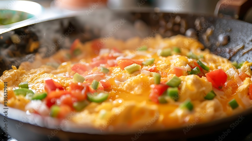 Mixing eggs to create a light omelet then adding cheese and peppers Mixing eggs to create a light omelet then adding cheese and peppers