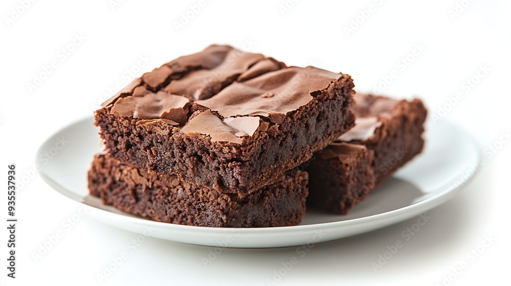 Plate with piece of tasty chocolate brownie isolated on white background : Generative AI Plate with piece of tasty chocolate brownie isolated on white background : Generative AI