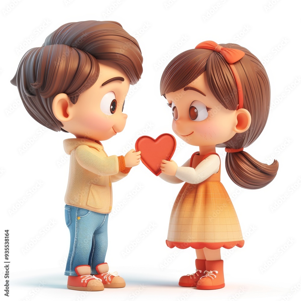 Cartoon 3D children giving Valentine cards to each other Isolated white background Cartoon 3D children giving Valentine cards to each other Isolated white background