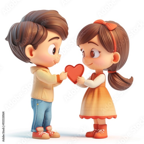 Cartoon 3D children giving Valentine cards to each other Isolated white background
