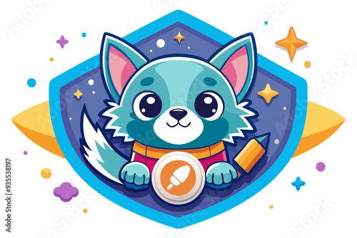 Cute Cartoon Wolf Holding a Pencil and a Disc in Space
