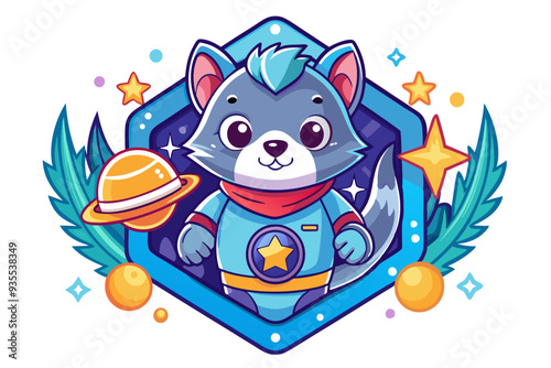 Cute Cartoon Wolf in Astronaut Suit with Stars and Planet