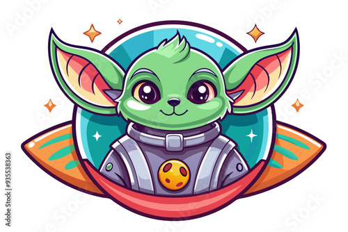 Cute Green Alien Astronaut with Big Eyes in Spaceship