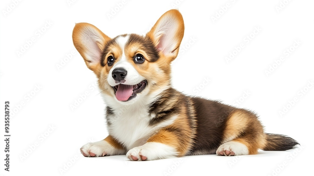 happy Puppy Welsh Corgi 14 Weeks old dog winking panting and sitting isolated on white : Generative AI happy Puppy Welsh Corgi 14 Weeks old dog winking panting and sitting isolated on white : Generative AI