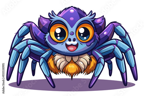 Cartoon illustration of a friendly blue and purple spider with large eyes