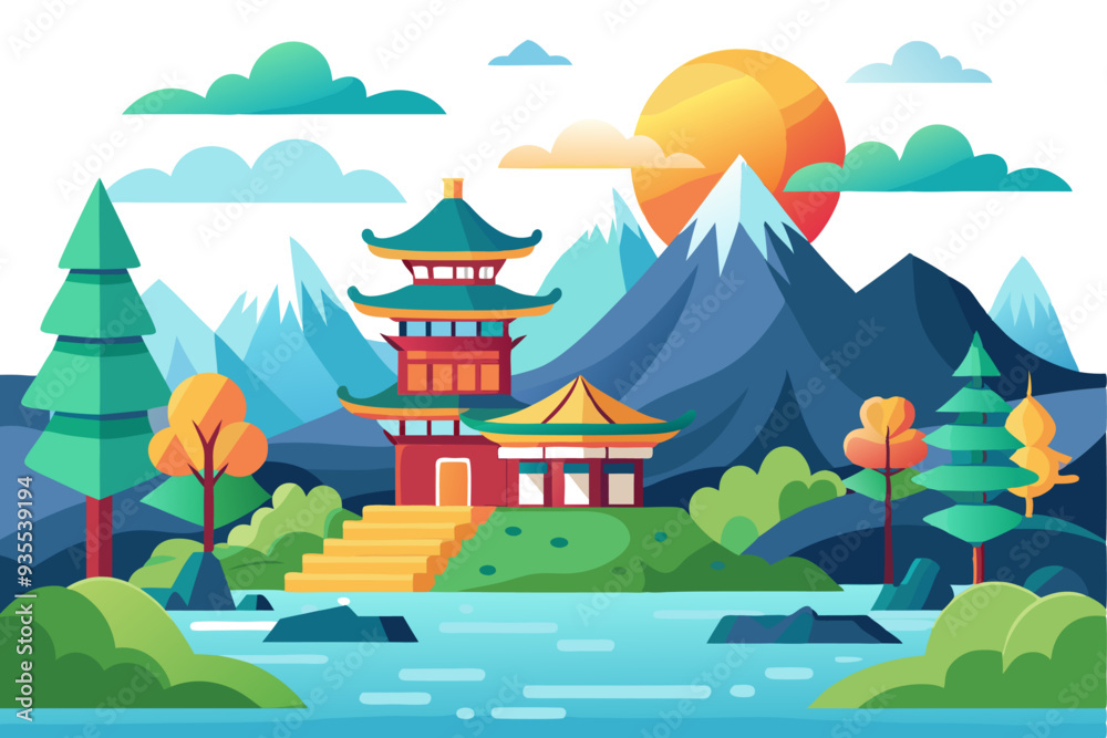 Fototapeta premium Asian Temple Landscape with Mountain, Lake and Trees