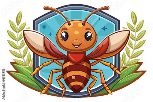 Cute Cartoon Bee with Wings and Smiling Face on Shield