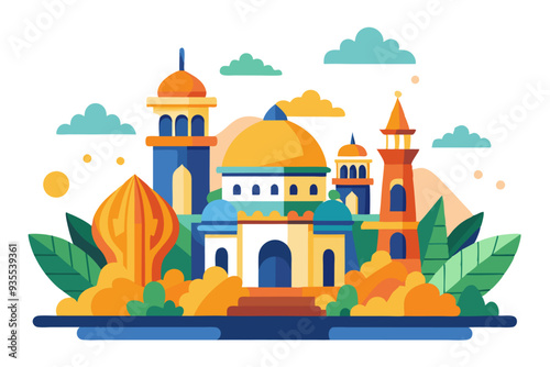 Colorful Illustration of a Mosque with Surrounding Landscape