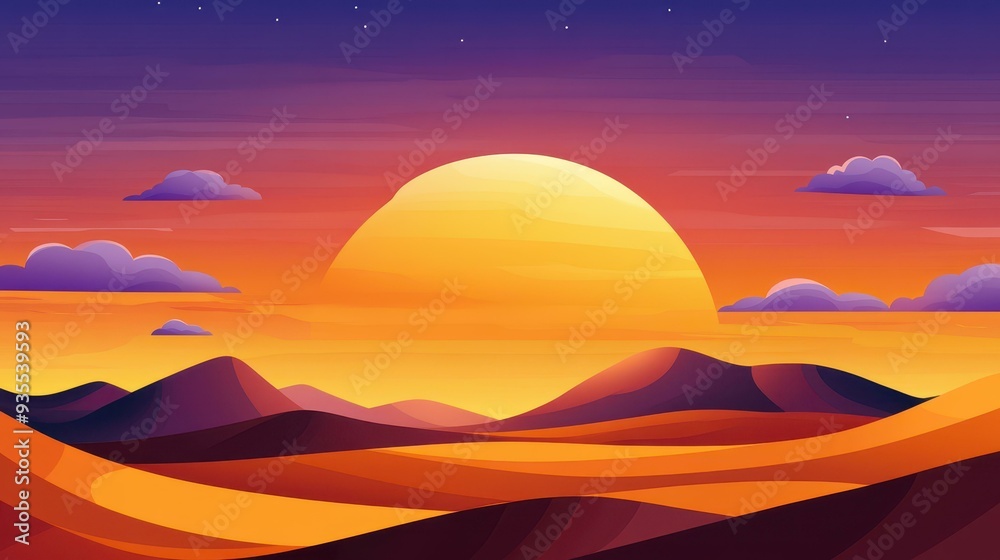 Experience a stunning desert sunset with vibrant gold and purple hues, captured in a detailed flat illustration. Experience a stunning desert sunset with vibrant gold and purple hues, captured in a detailed flat illustration.