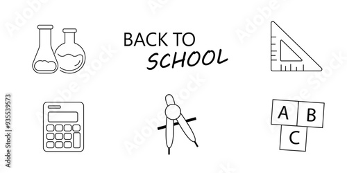 Hand drawn school supplies, stationery. Back to School concept. Free drawing of school subjects on checkered sheet of notebook. Sketch icon set, doodles. Good for wrapping paper, textile prints