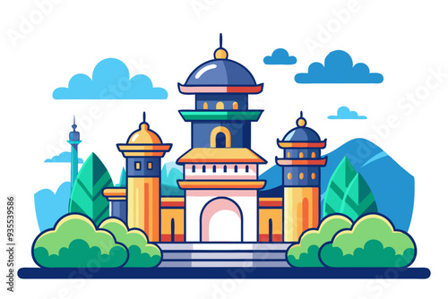 A Colorful Cartoon Illustration of a Mosque in a Landscape