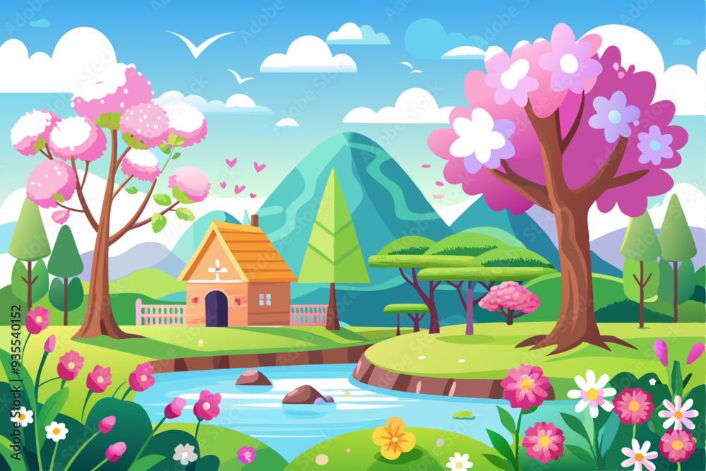 Naklejka premium Cottage in a Springtime Landscape with a River