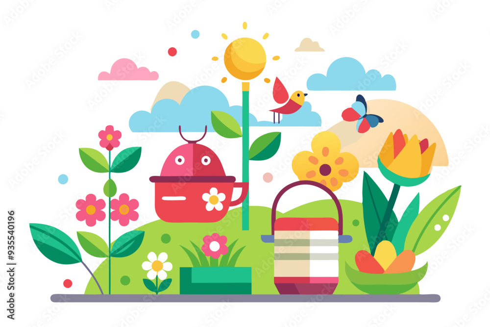 Naklejka premium A Colorful Garden Scene with a Robot, Flowers, a Bird, a Butterfly, and a Lantern